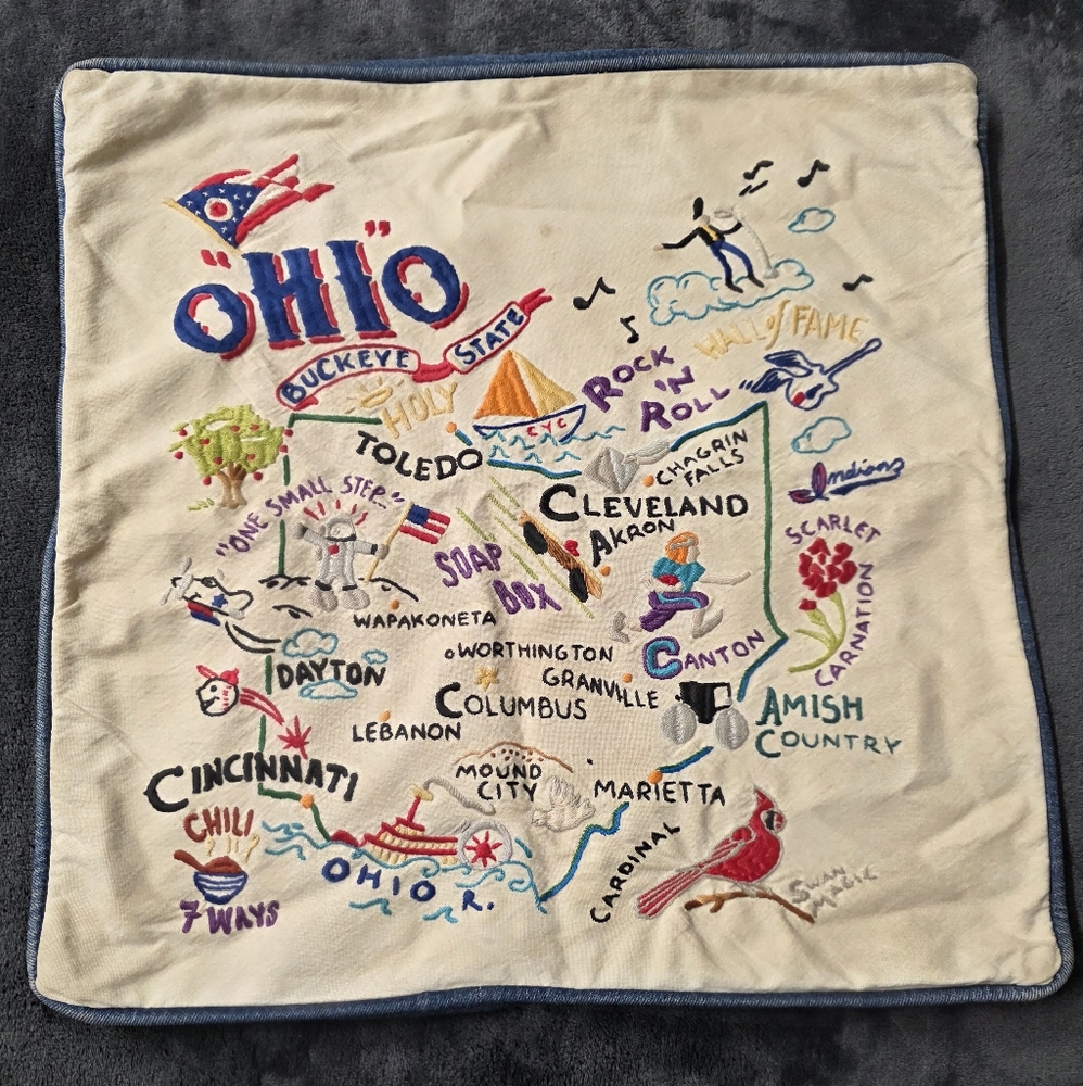 Vintage SWAN MAGIC OHIO Hand Embroidered Throw Pillow Cover Kitsch Anthropologie